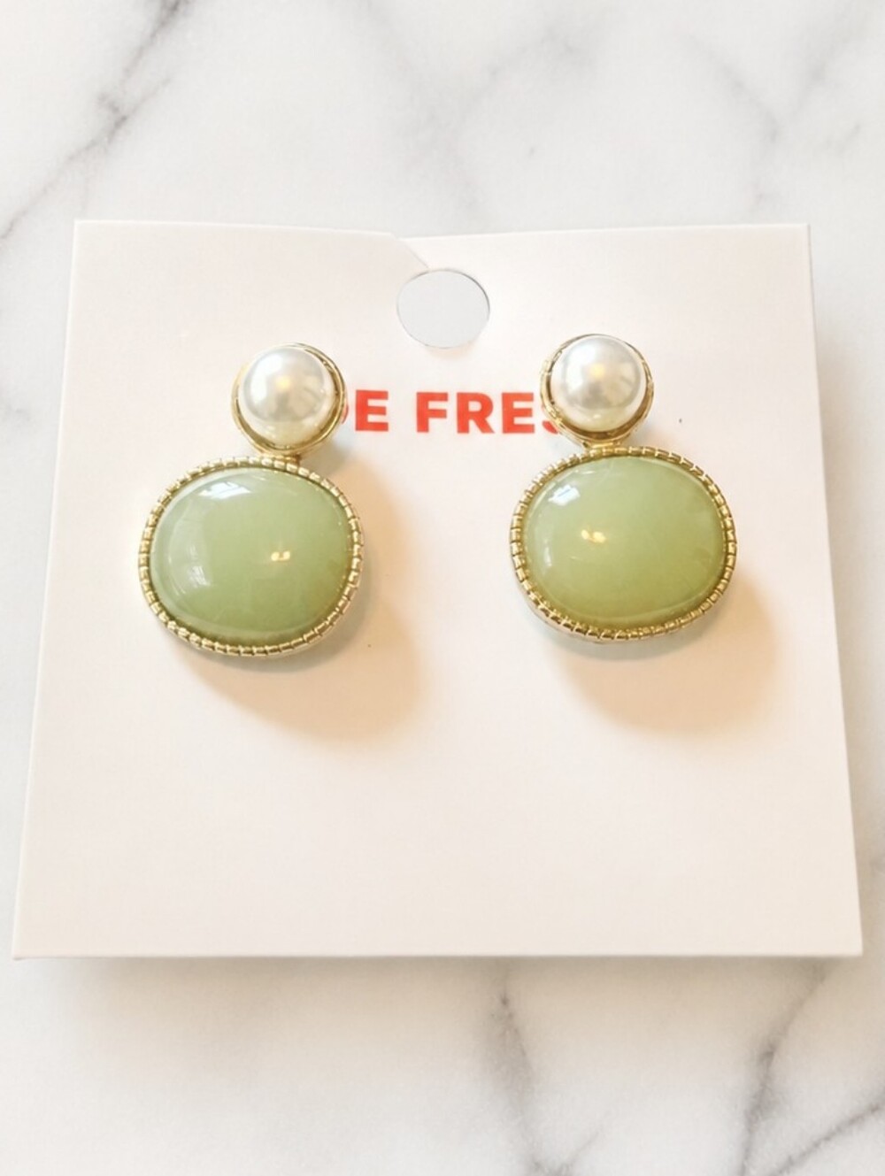 Joe Fresh NWOT Gold Faux Pearl Sage Green Cabochon Drop Earrings